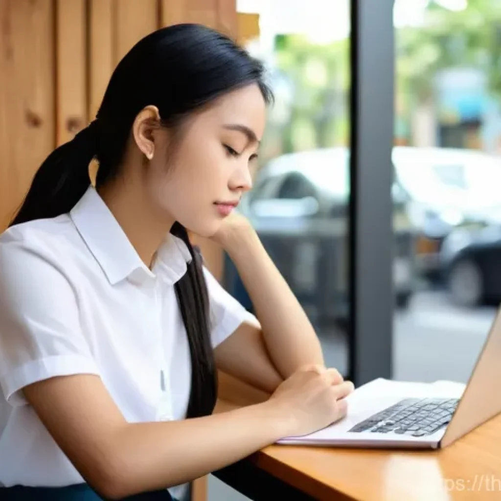비판적 사고력과 글로벌 문제 해결 - **Prompt:** "A focused young Thai woman, approximately 22 years old, sits comfortably at a minimalis...