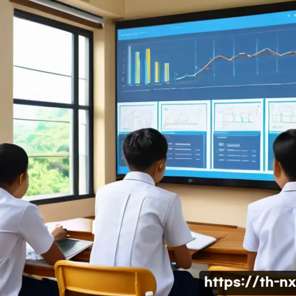 비판적 사고력 훈련을 위한 실제 사례 분석 - A modern Thai classroom scene with diverse students attentively analyzing a detailed case study disp...