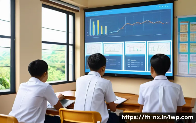 비판적 사고력 훈련을 위한 실제 사례 분석 - A modern Thai classroom scene with diverse students attentively analyzing a detailed case study disp...