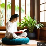 비판적 사고력 향상을 위한 비판적 독서법 - A cozy reading nook in a modern Thai home, featuring a young adult woman sitting cross-legged on a f...