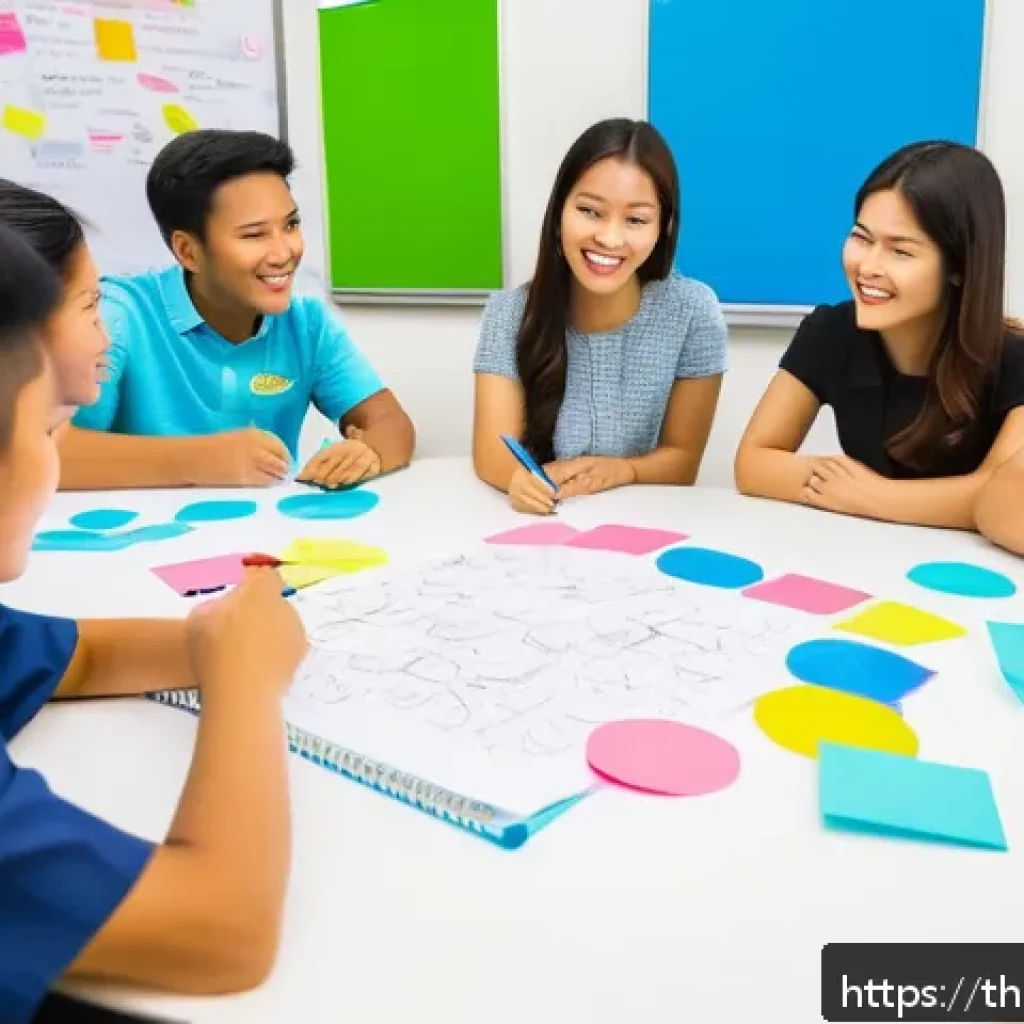 비판적 사고력과 교육 혁신 - A diverse group of Thai students sitting around a round table in a modern classroom, actively partic...