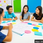 비판적 사고력과 교육 혁신 - A diverse group of Thai students sitting around a round table in a modern classroom, actively partic...