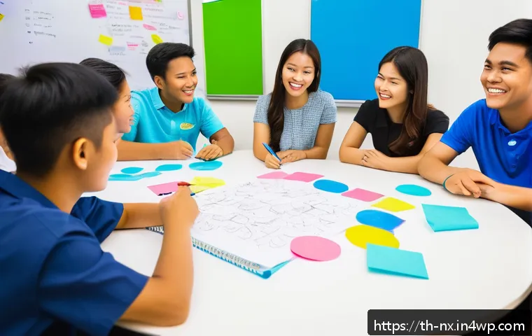 비판적 사고력과 교육 혁신 - A diverse group of Thai students sitting around a round table in a modern classroom, actively partic...