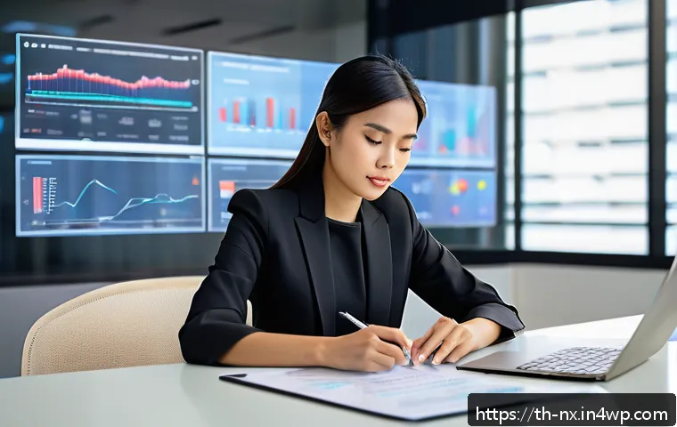 비판적 사고력과 의사결정 과정 - A modern Thai office scene showing a young professional woman thoughtfully analyzing multiple digita...
