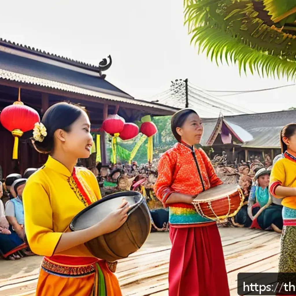비판적 사고력과 문화적 배경 - A vibrant local Thai festival scene in northeastern Thailand (Isan region), showing a diverse group ...