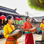 비판적 사고력과 문화적 배경 - A vibrant local Thai festival scene in northeastern Thailand (Isan region), showing a diverse group ...