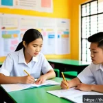 비판적 사고력 향상을 위한 연습 문제 - A modern Thai classroom scene focused on critical thinking and analysis: diverse Thai students atten...