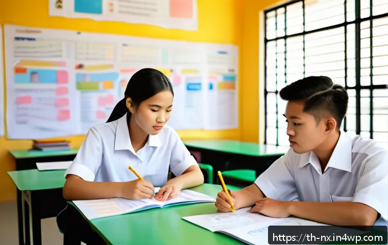 비판적 사고력 향상을 위한 연습 문제 - A modern Thai classroom scene focused on critical thinking and analysis: diverse Thai students atten...