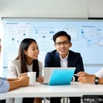 비판적 사고력 개발을 위한 기본 원칙 - A modern Thai office scene showing a diverse group of young professionals engaged in a collaborative...